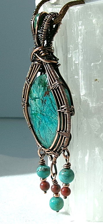 Chrysocolla gemstone copper wire wrapped crystal pendant with chrysocolla bail stone and 3 dangles