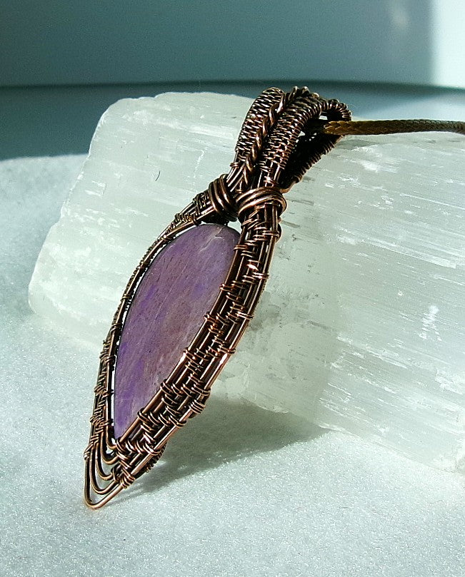 Purple Jade gemstone copper wire wrapped crystal pendant