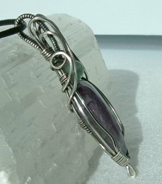 Rainbow Fluorite gemstone sterling silver wire wrapped crystal pendant with green fluorite accent bead