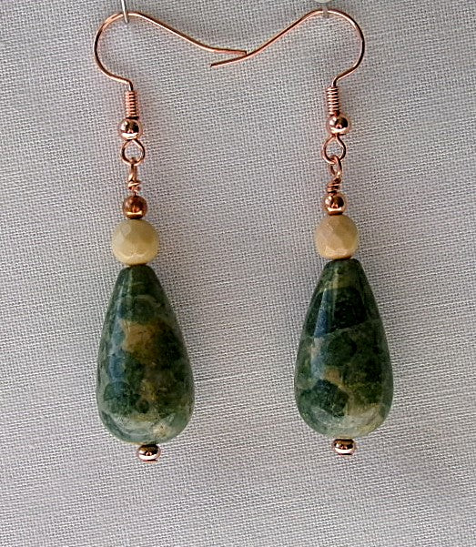 Rainforest jasper (rhyolite) copper wire earrings with mookite jasper and copper accent beads