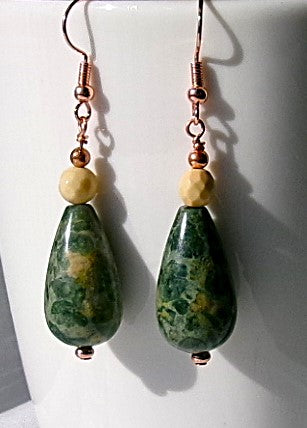 Rainforest jasper (rhyolite) copper wire earrings with mookite jasper and copper accent beads