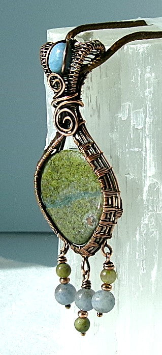 Serpentine gemstone copper wire wrapped crystal pendant with blue opal bail stone and 3 dangles