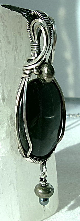 Black Tiger Eye gemstone sterling silver wire wrapped crystal pendant with pyrite and hematite dangle