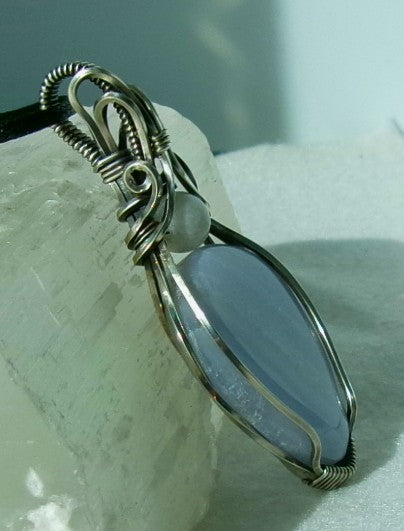 Blue Lace Agate gemstone sterling silver wire wrapped crystal pendant with a snow quartz accent bead