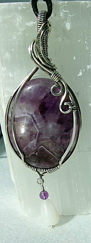 Chevron Amethyst gemstone sterling silver wire wrapped crystal pendant with snow quartz and amethyst dangle