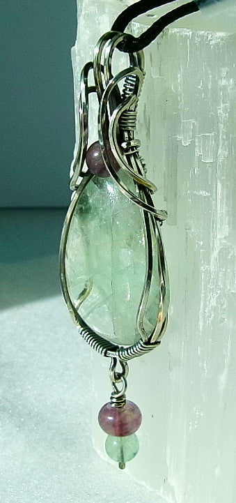 Green Fluorite gemstone sterling silver wire wrapped crystal pendant with dangle and purple and green fluorite accent beads