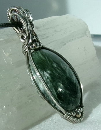 Seraphinite gemstone sterling silver wire wrapped crystal pendant with sterling silver accent beads