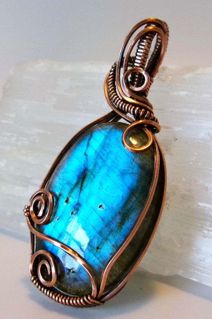 Labradorite gemstone copper wire wrapped crystal pendant