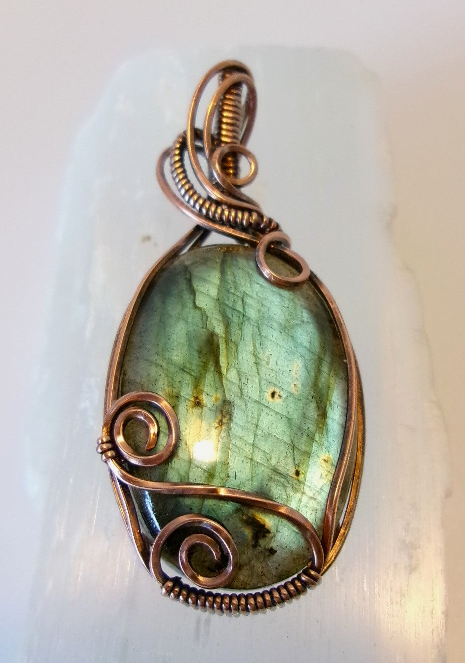 Labradorite gemstone copper wire wrapped crystal pendant