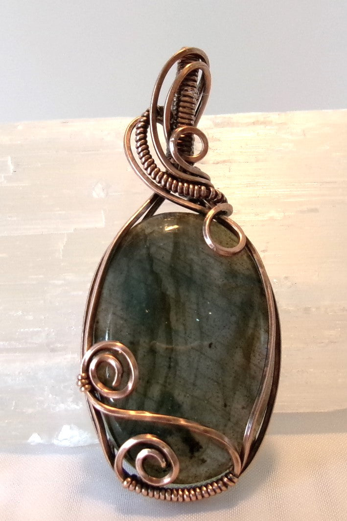 Labradorite gemstone copper wire wrapped crystal pendant