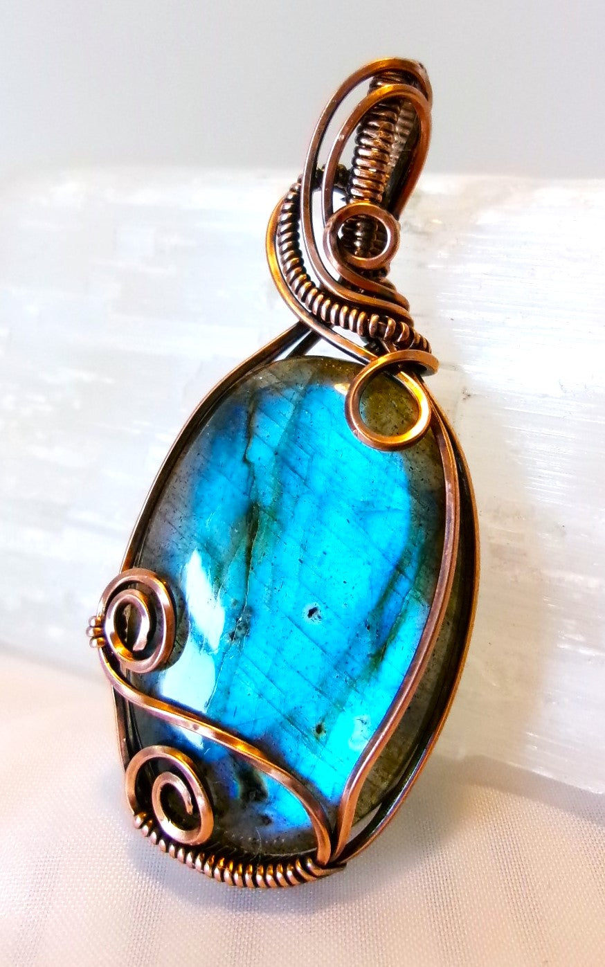 Labradorite gemstone copper wire wrapped crystal pendant