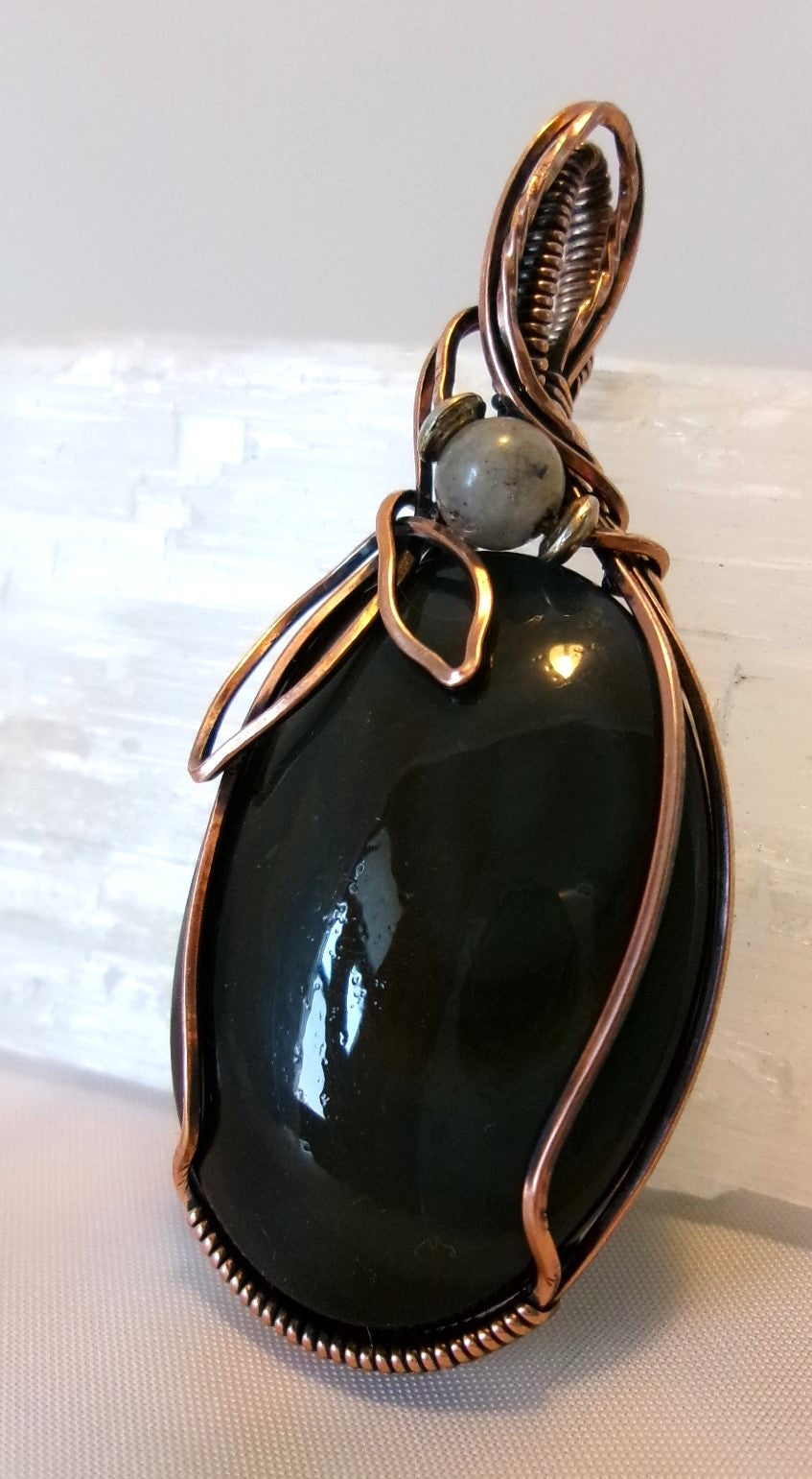 Rainbow Obsidian gemstone copper wire wrapped crystal pendant with gray labradorite and silver accent beads