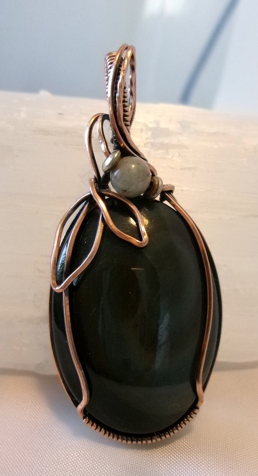 Rainbow Obsidian gemstone copper wire wrapped crystal pendant with gray labradorite and silver accent beads