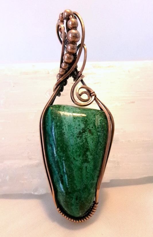 Chrysocolla gemstone copper wire wrapped crystal pendant with copper accent beads