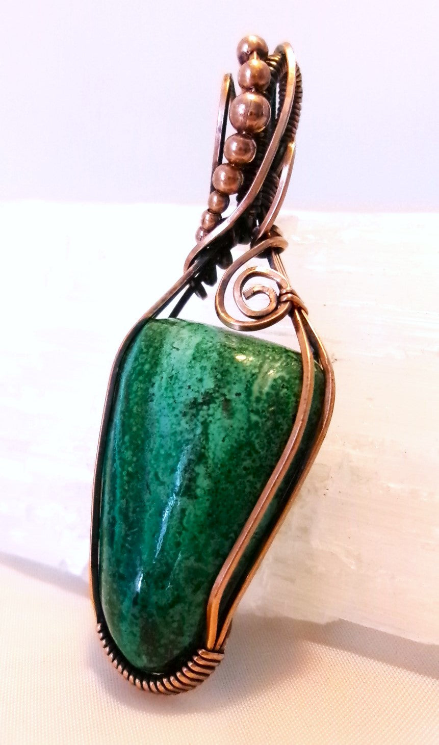 Chrysocolla gemstone copper wire wrapped crystal pendant with copper accent beads