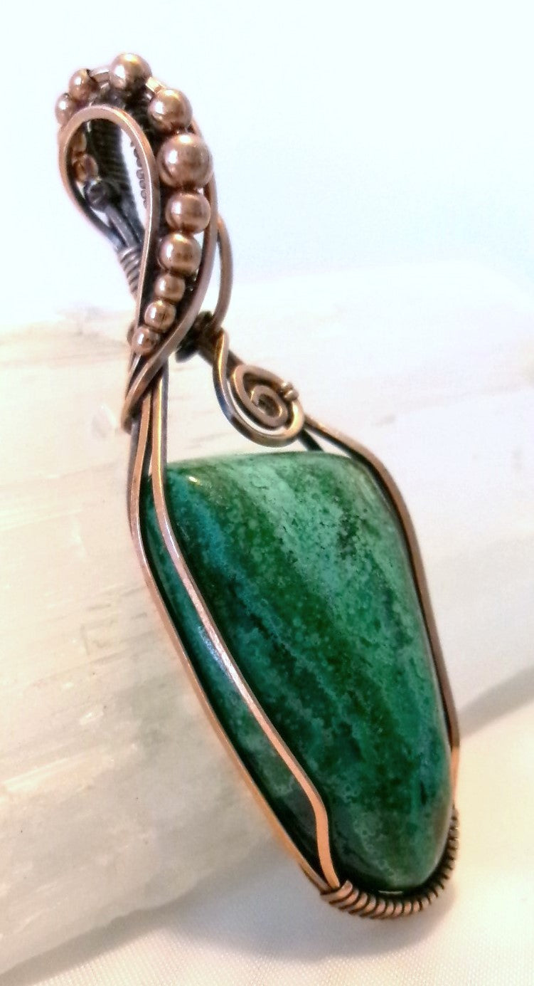 Chrysocolla gemstone copper wire wrapped crystal pendant with copper accent beads