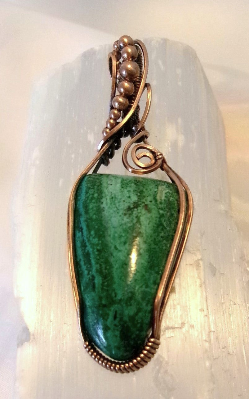 Chrysocolla gemstone copper wire wrapped crystal pendant with copper accent beads