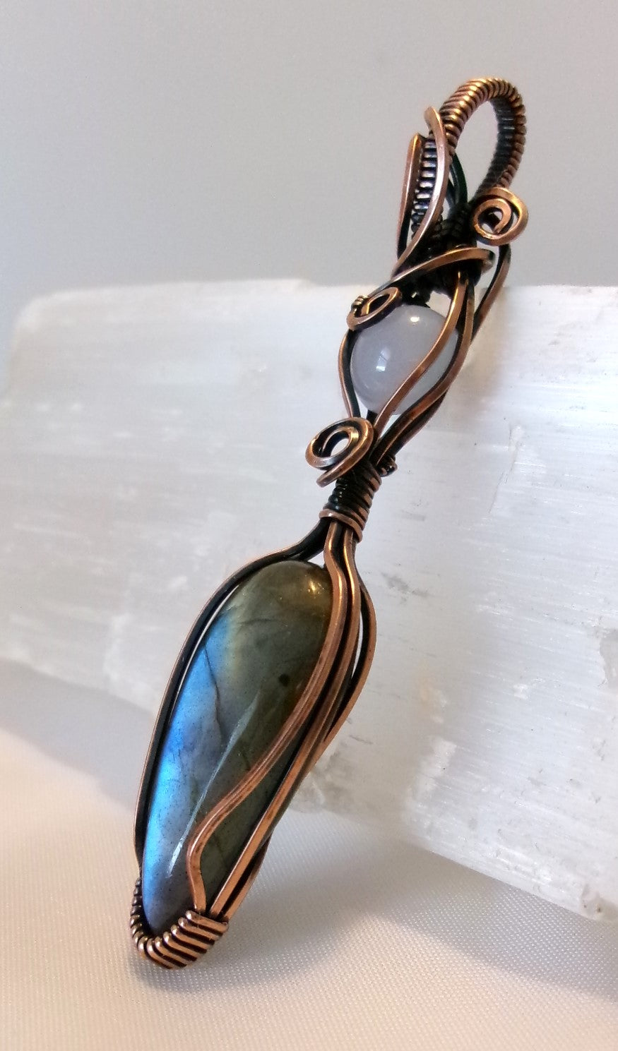 Labradorite and Blue Chalcedony gemstone copper wire wrapped double crystal pendant