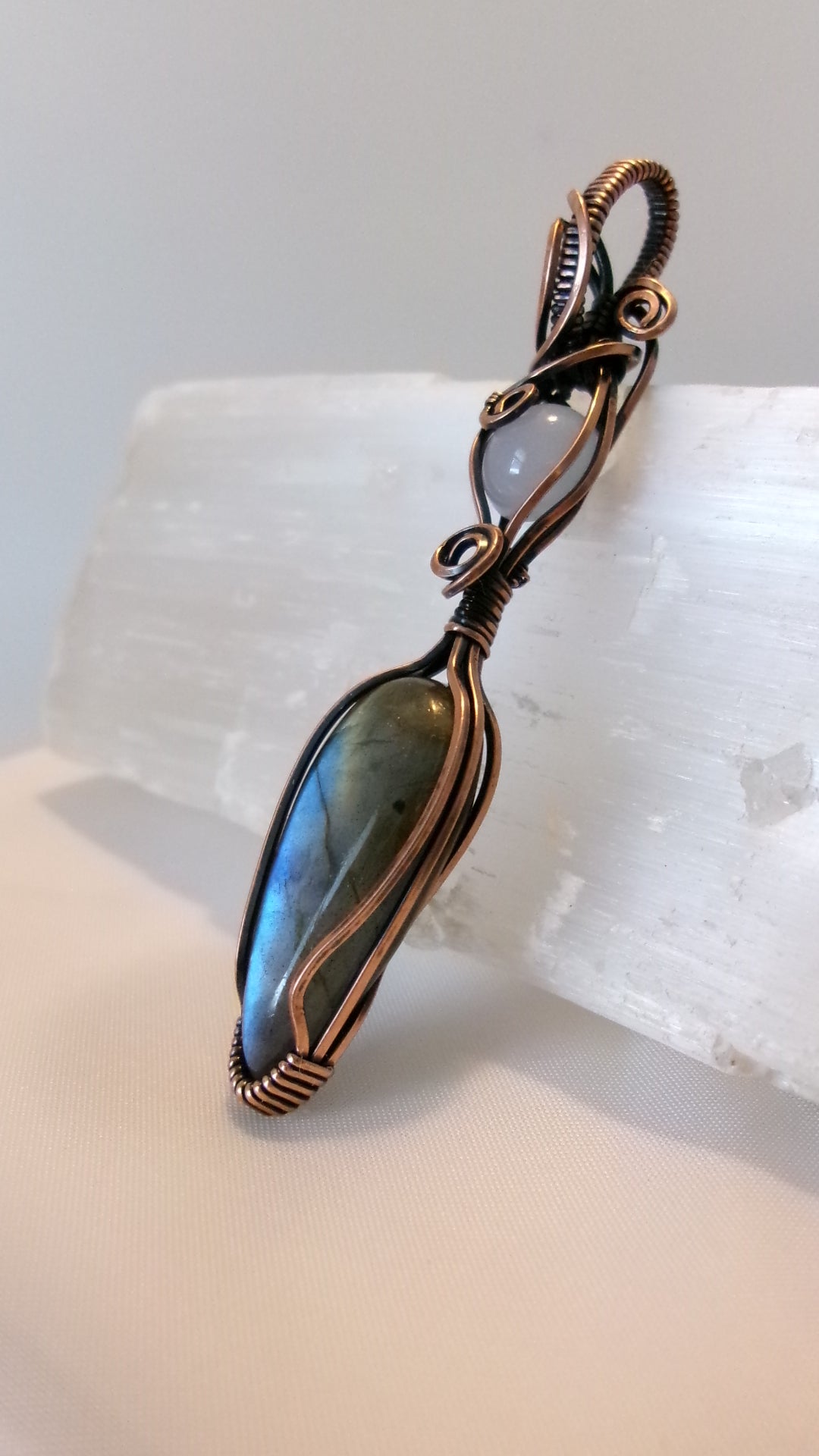 Labradorite and Blue Chalcedony gemstone copper wire wrapped double crystal pendant