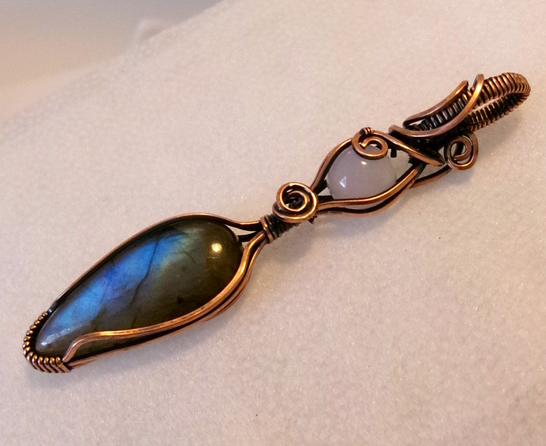 Labradorite and Blue Chalcedony gemstone copper wire wrapped double crystal pendant