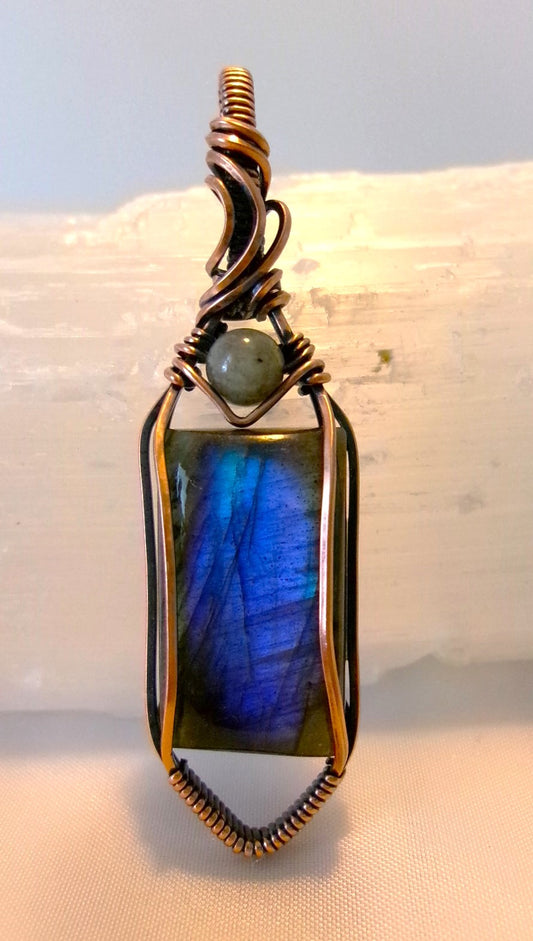 Labradorite gemstone copper wire wrapped crystal pendant with gray labradorite accent bead