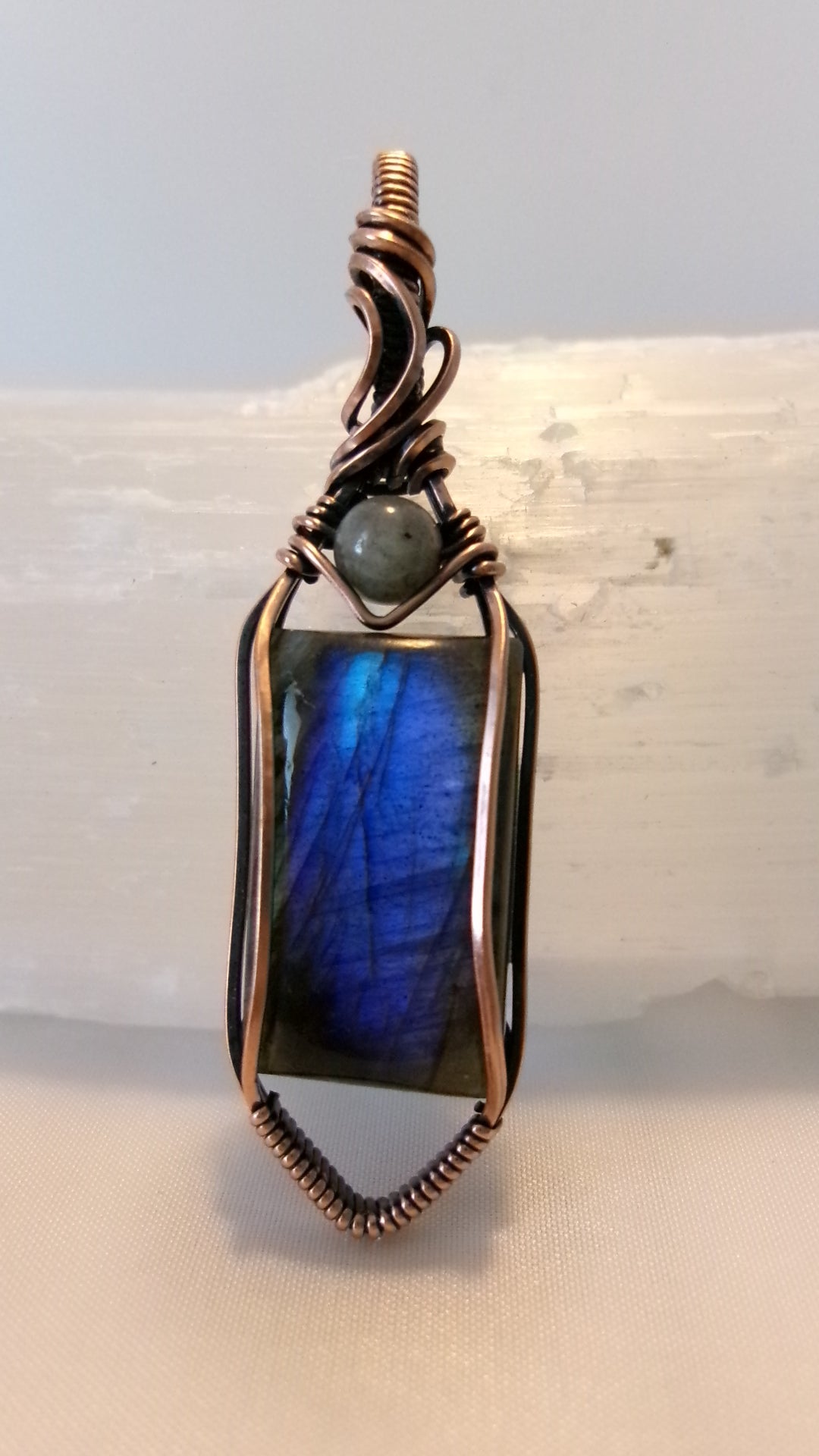 Labradorite gemstone copper wire wrapped crystal pendant with gray labradorite accent bead
