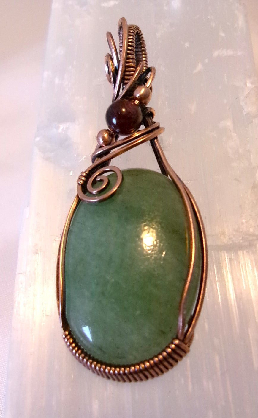 Green Aventurine gemstone copper wire wrapped crystal pendant with garnet and copper accent beads