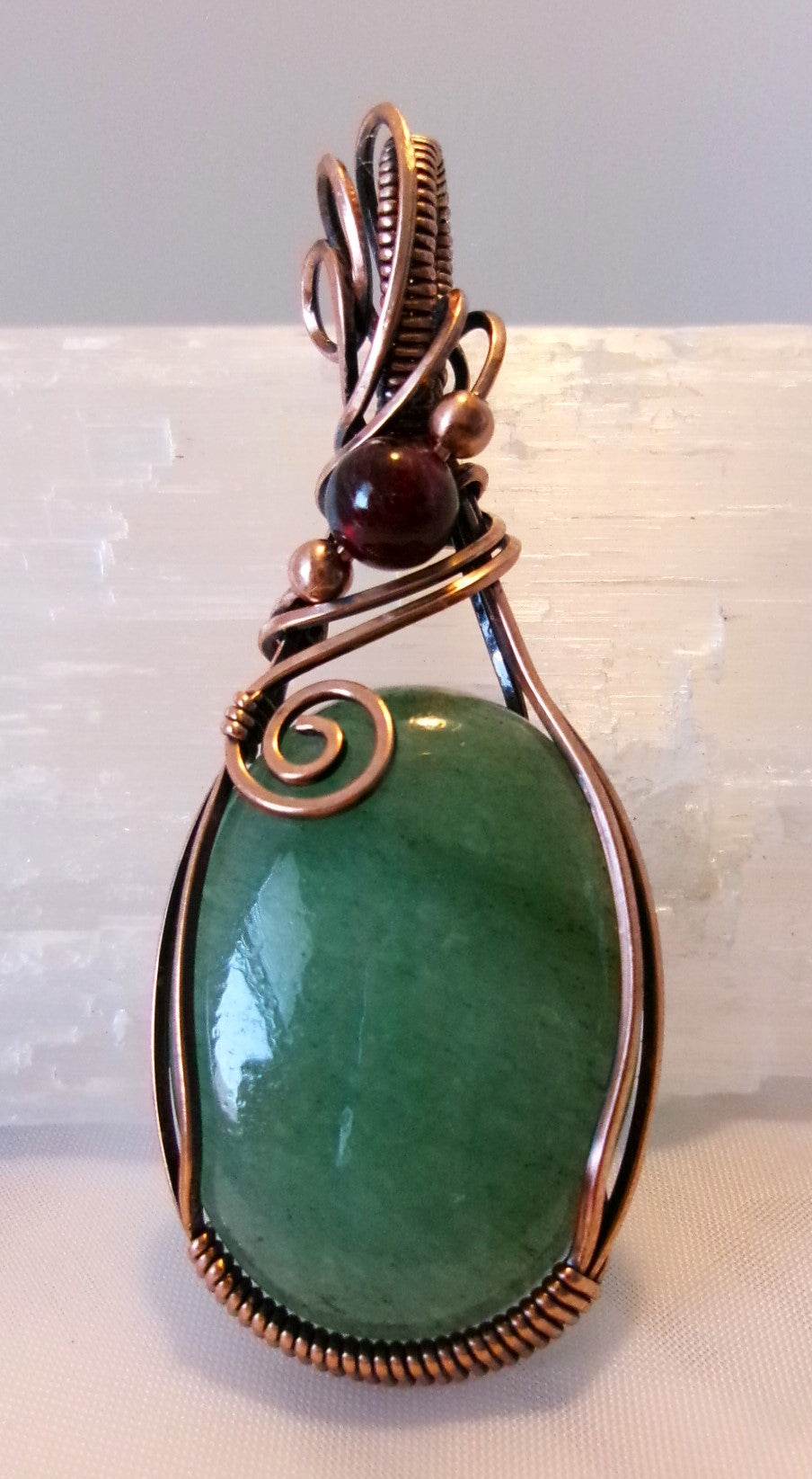 Green Aventurine gemstone copper wire wrapped crystal pendant with garnet and copper accent beads