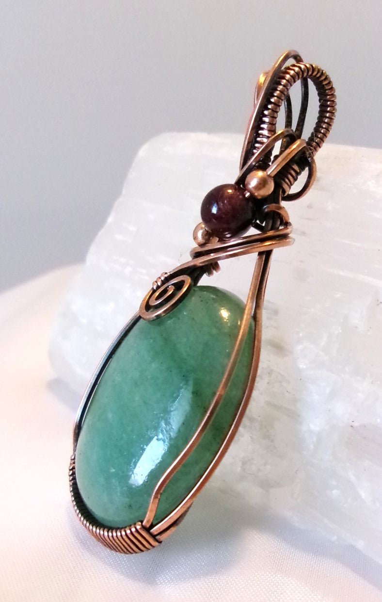 Green Aventurine gemstone copper wire wrapped crystal pendant with garnet and copper accent beads