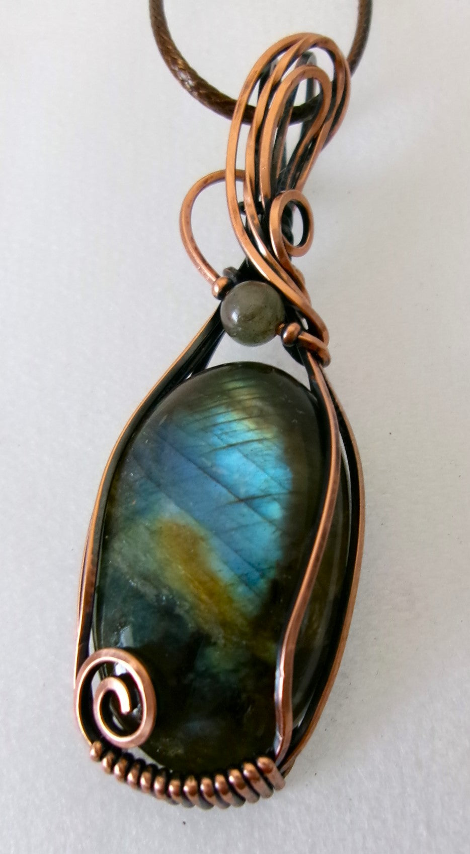 Labradorite gemstone copper wire wrapped crystal pendant with gray labradorite and copper accent beads