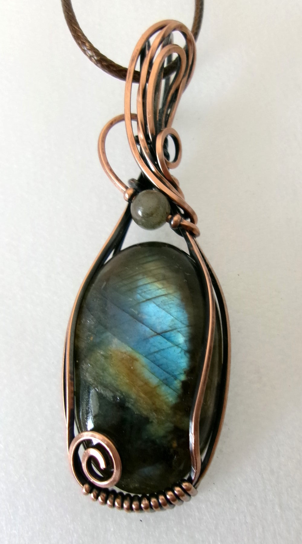 Labradorite gemstone copper wire wrapped crystal pendant with gray labradorite and copper accent beads