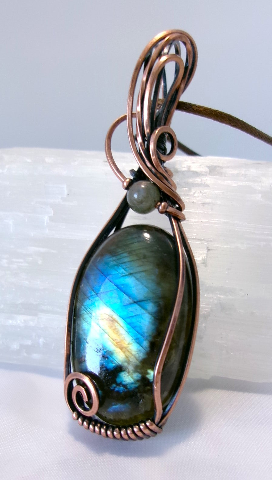 Labradorite gemstone copper wire wrapped crystal pendant with gray labradorite and copper accent beads