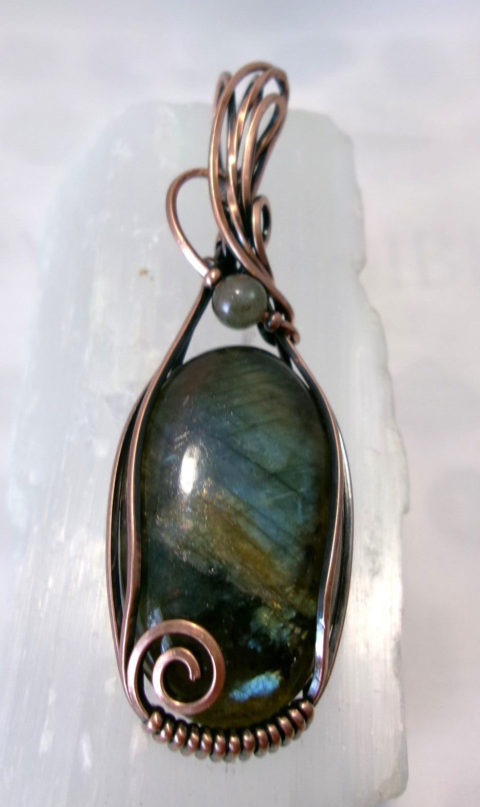 Labradorite gemstone copper wire wrapped crystal pendant with gray labradorite and copper accent beads