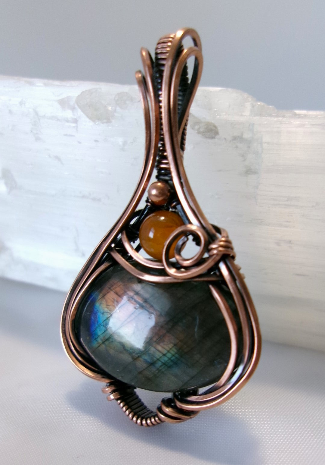 Labradorite gemstone copper wire wrapped crystal pendant with orange sardonyx and copper accent beads