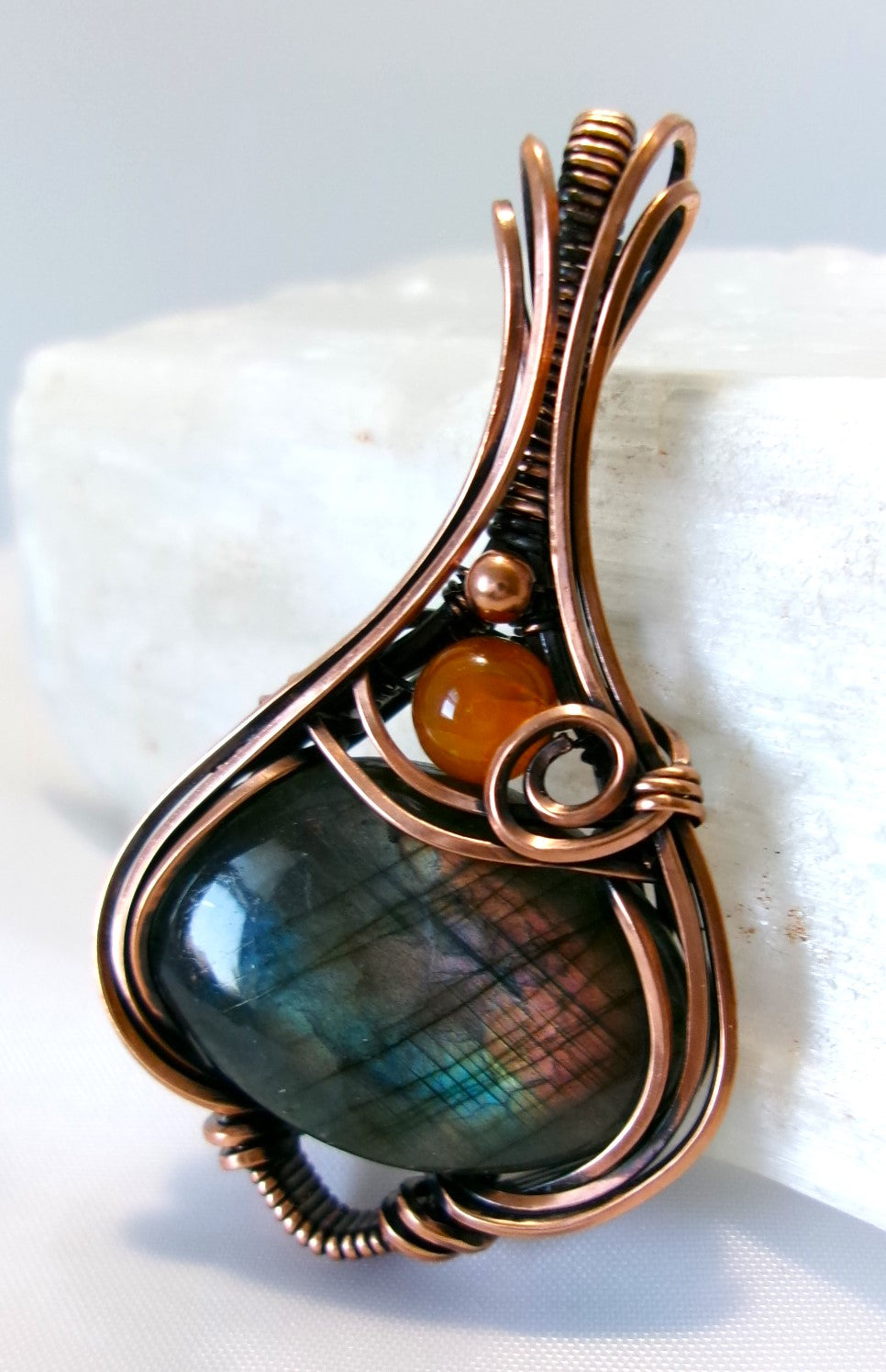 Labradorite gemstone copper wire wrapped crystal pendant with orange sardonyx and copper accent beads