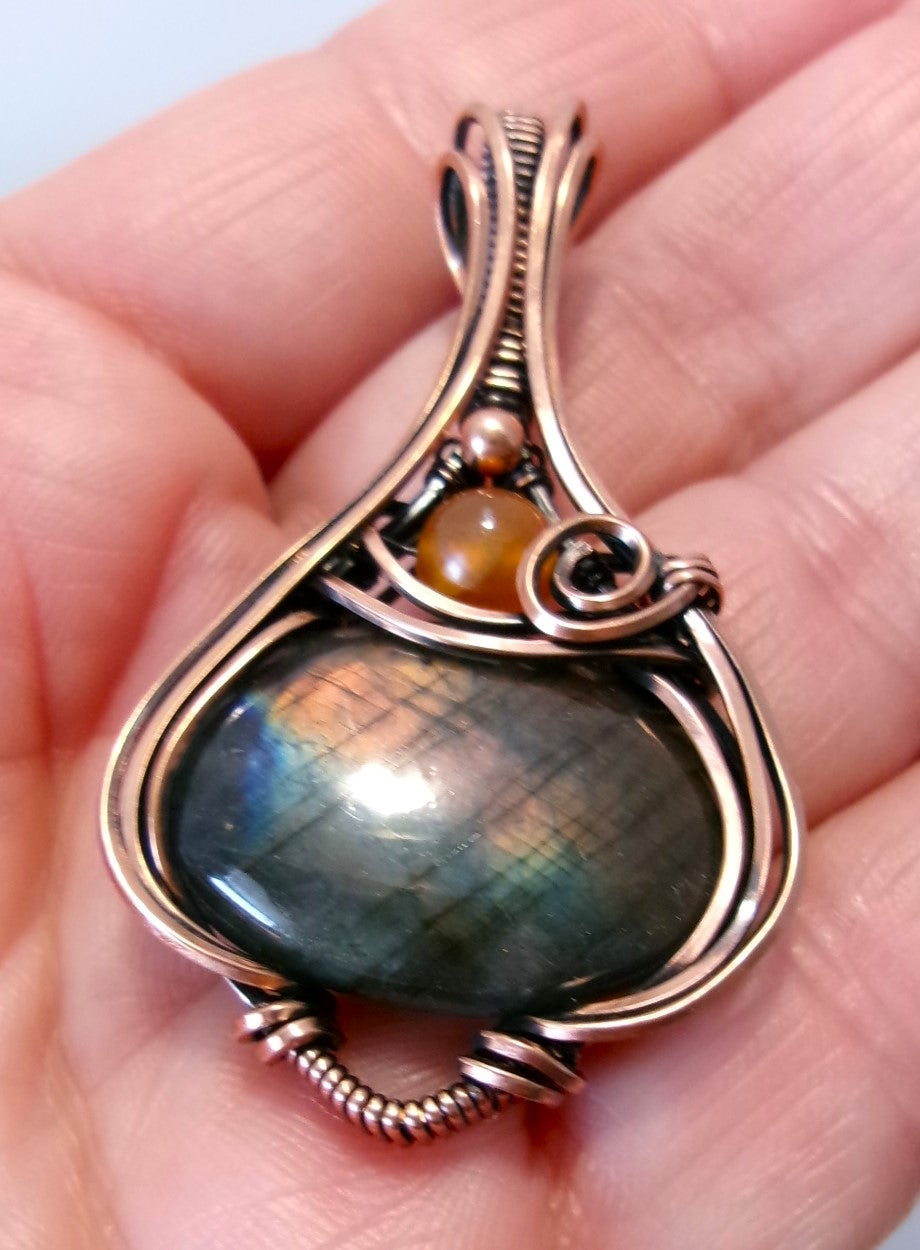 Labradorite gemstone copper wire wrapped crystal pendant with orange sardonyx and copper accent beads