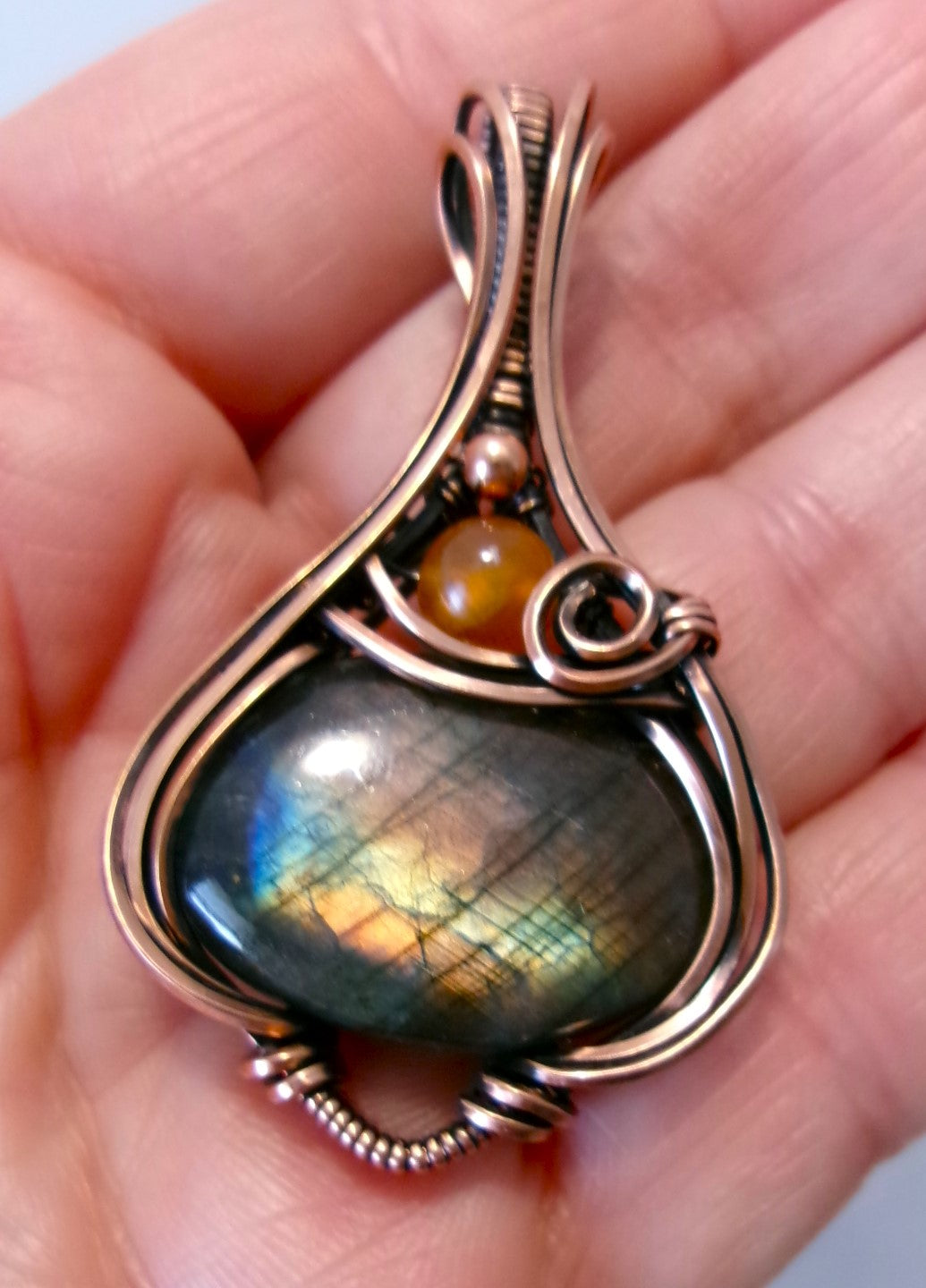 Labradorite gemstone copper wire wrapped crystal pendant with orange sardonyx and copper accent beads