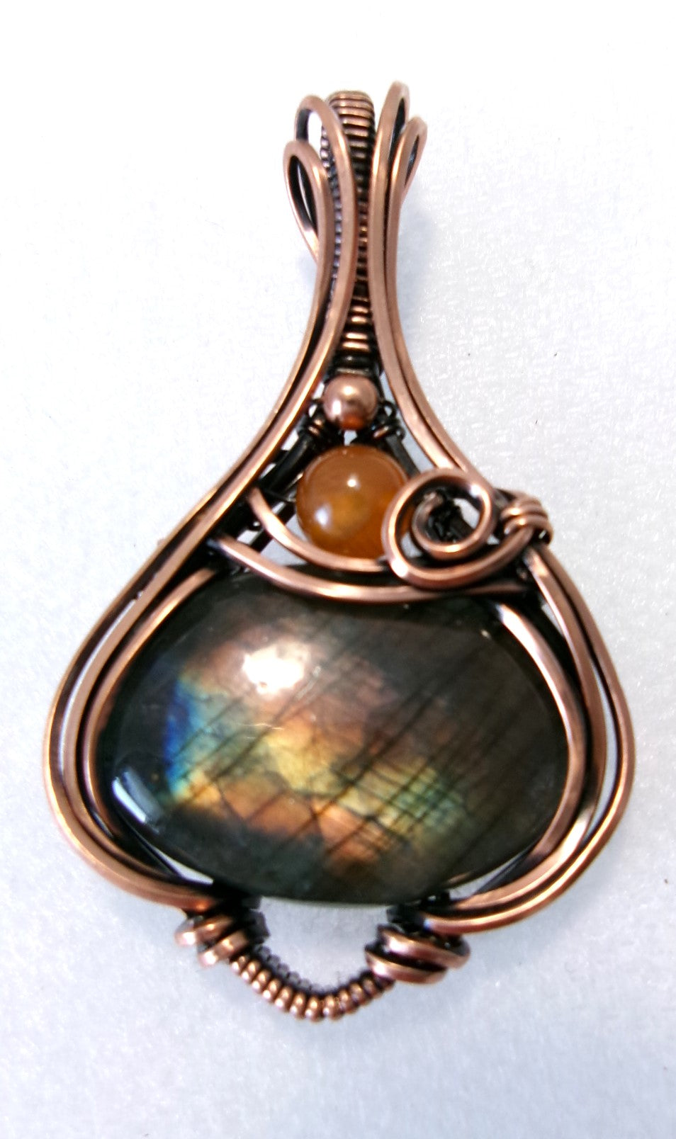 Labradorite gemstone copper wire wrapped crystal pendant with orange sardonyx and copper accent beads