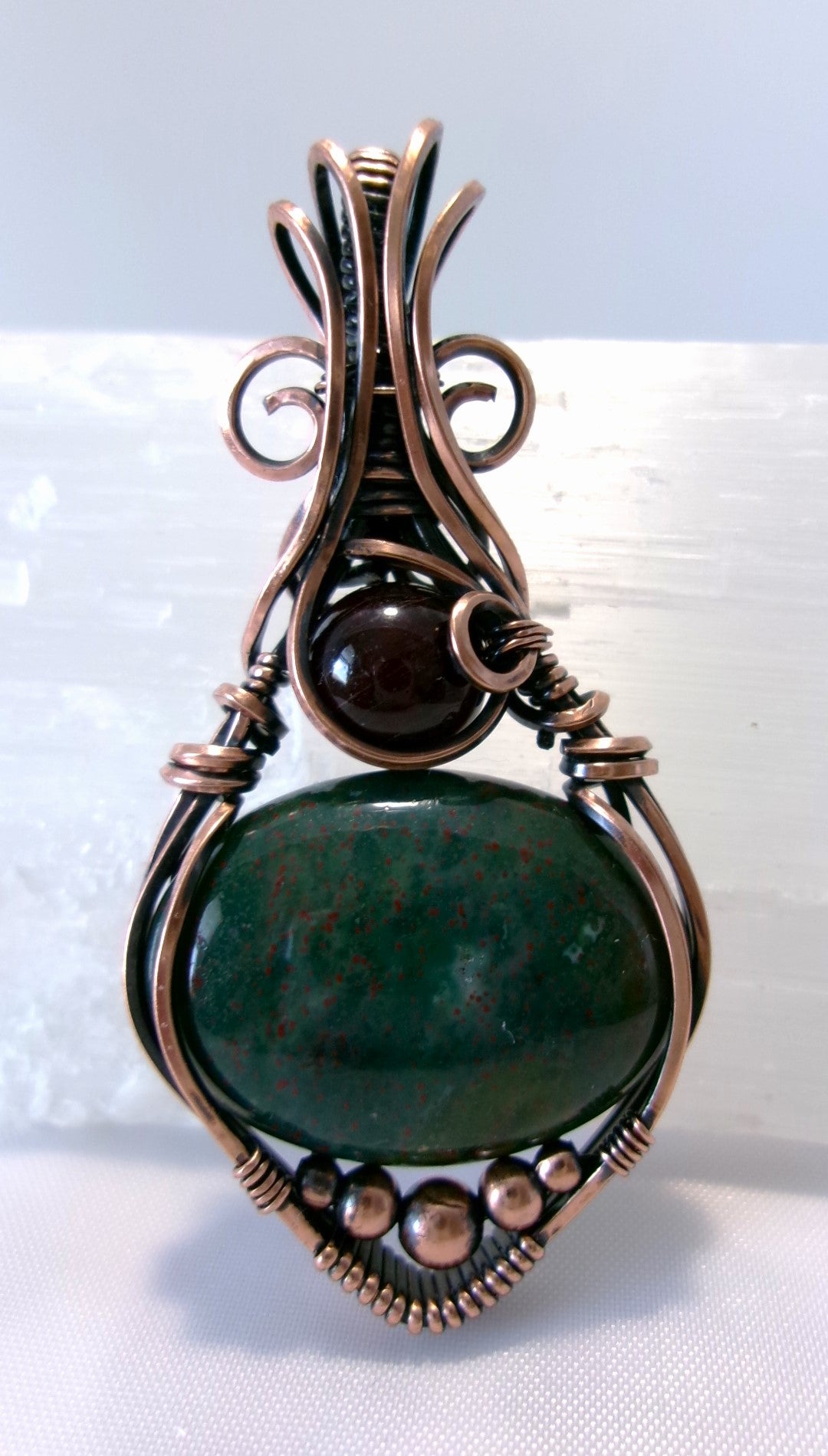 Bloodstone and Garnet gemstone copper wire wrapped crystal pendant with copper accent beads