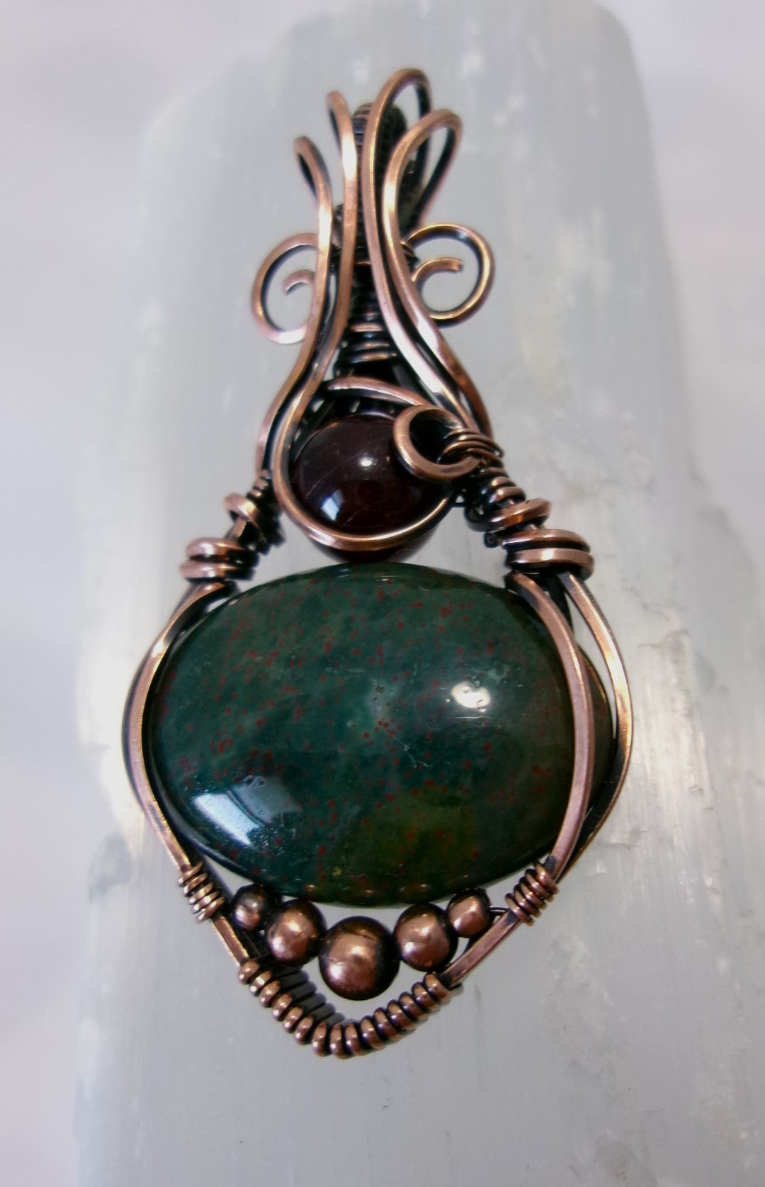 Bloodstone and Garnet gemstone copper wire wrapped crystal pendant with copper accent beads