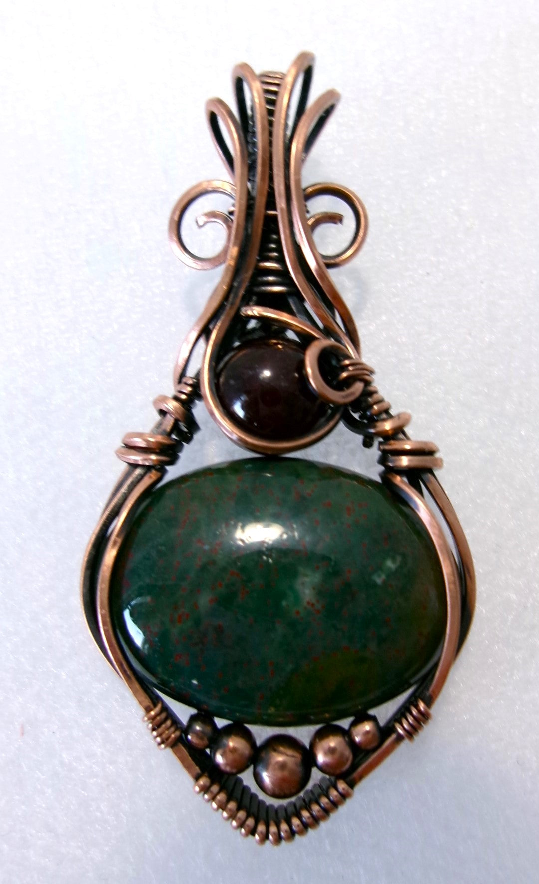 Bloodstone and Garnet gemstone copper wire wrapped crystal pendant with copper accent beads