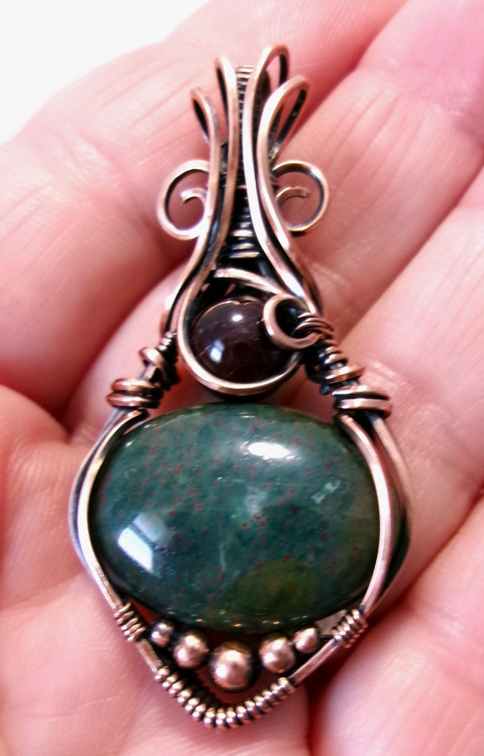 Bloodstone and Garnet gemstone copper wire wrapped crystal pendant with copper accent beads