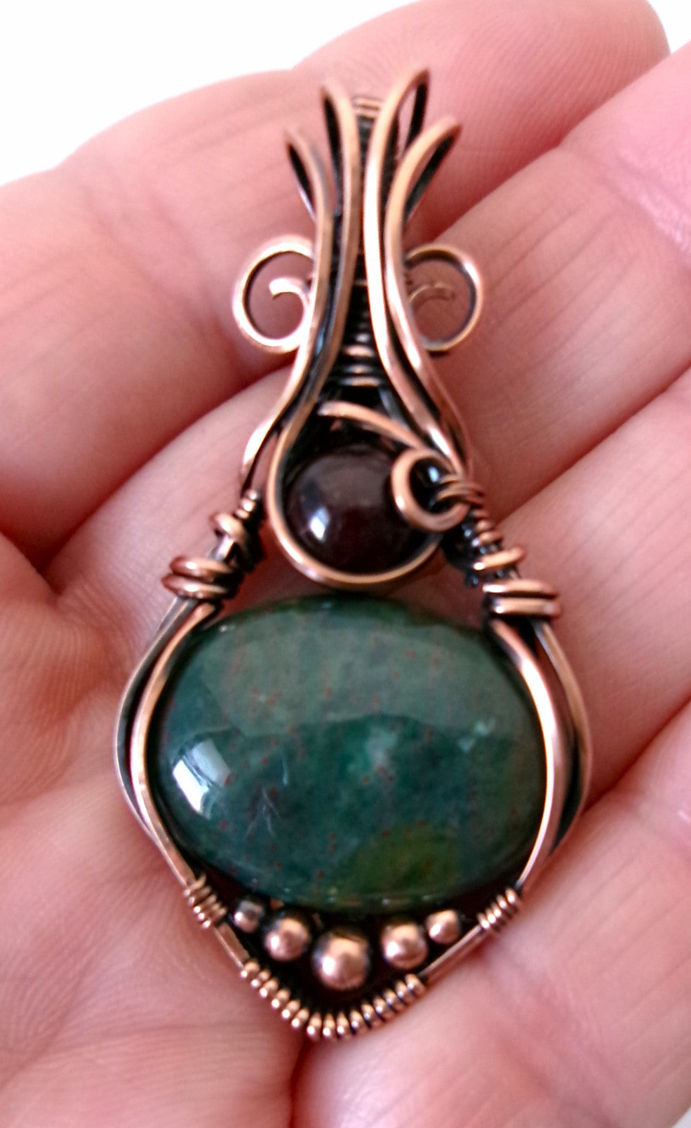 Bloodstone and Garnet gemstone copper wire wrapped crystal pendant with copper accent beads