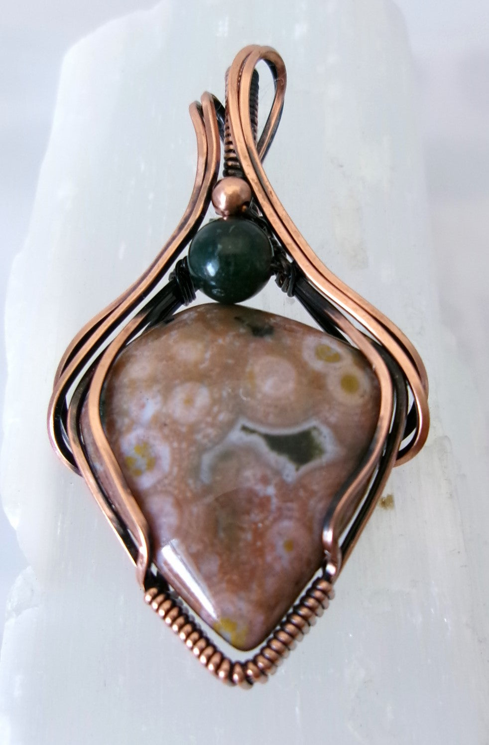 Ocean Jasper gemstone copper wire wrapped crystal pendant with moss agate and copper accent beads