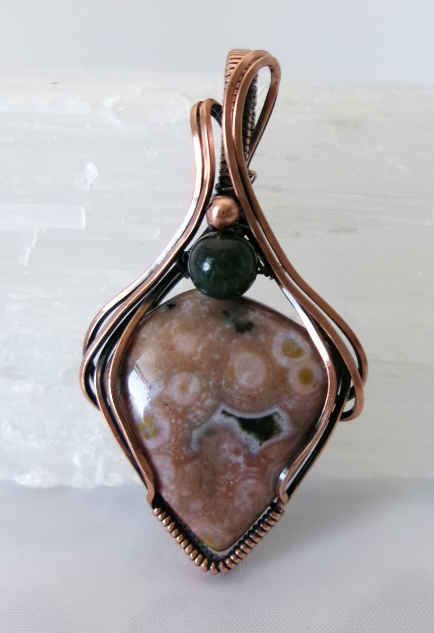 Ocean Jasper gemstone copper wire wrapped crystal pendant with moss agate and copper accent beads
