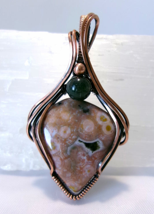 Ocean Jasper gemstone copper wire wrapped crystal pendant with moss agate and copper accent beads