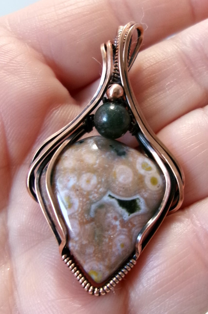 Ocean Jasper gemstone copper wire wrapped crystal pendant with moss agate and copper accent beads