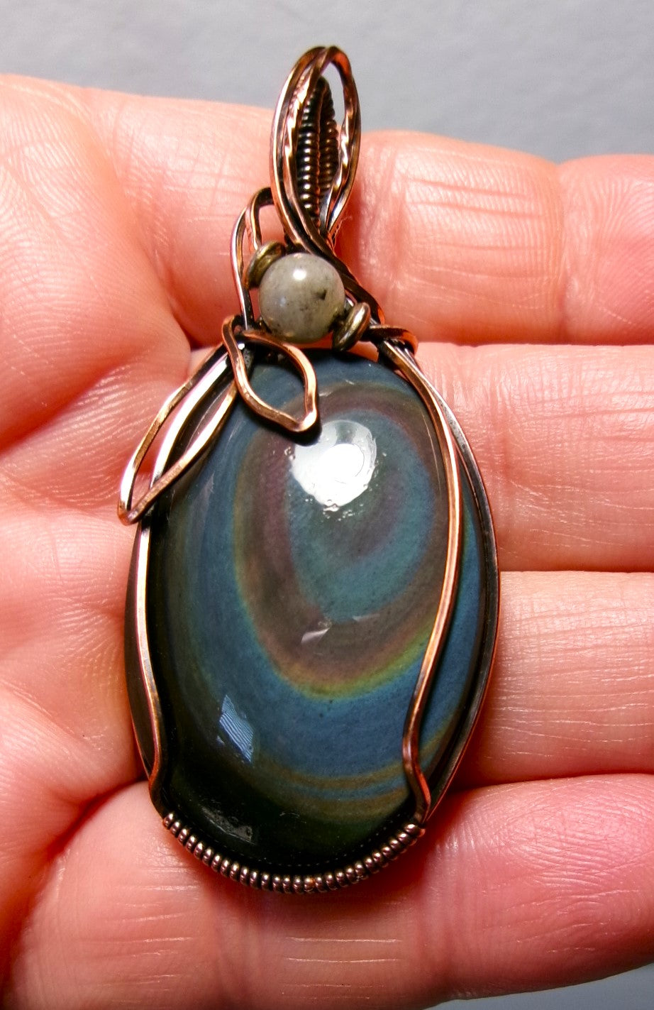 Rainbow Obsidian gemstone copper wire wrapped crystal pendant with gray labradorite and silver accent beads