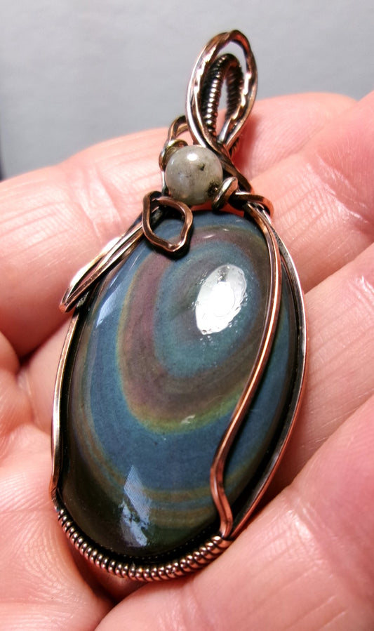 Rainbow Obsidian gemstone copper wire wrapped crystal pendant with gray labradorite and silver accent beads