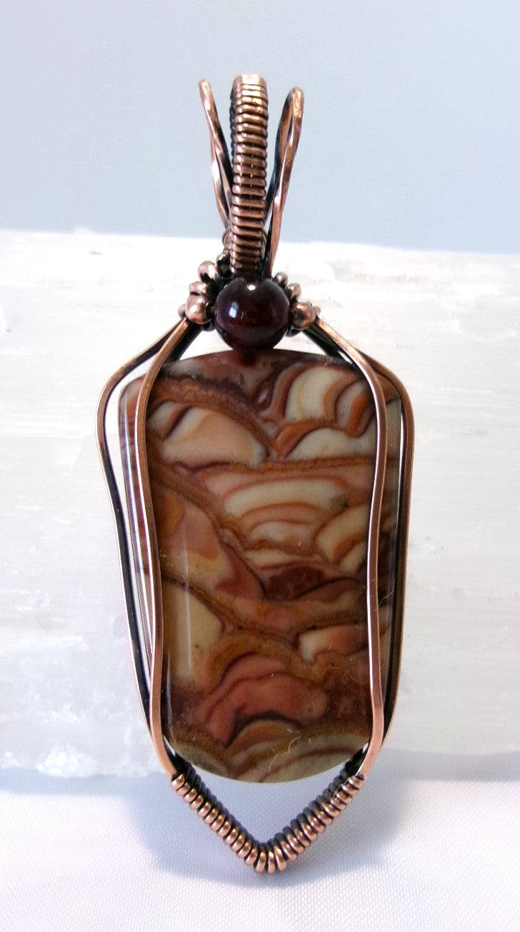 Biggs Picture Jasper gemstone copper wire wrapped crystal pendant with garnet and copper accent beads